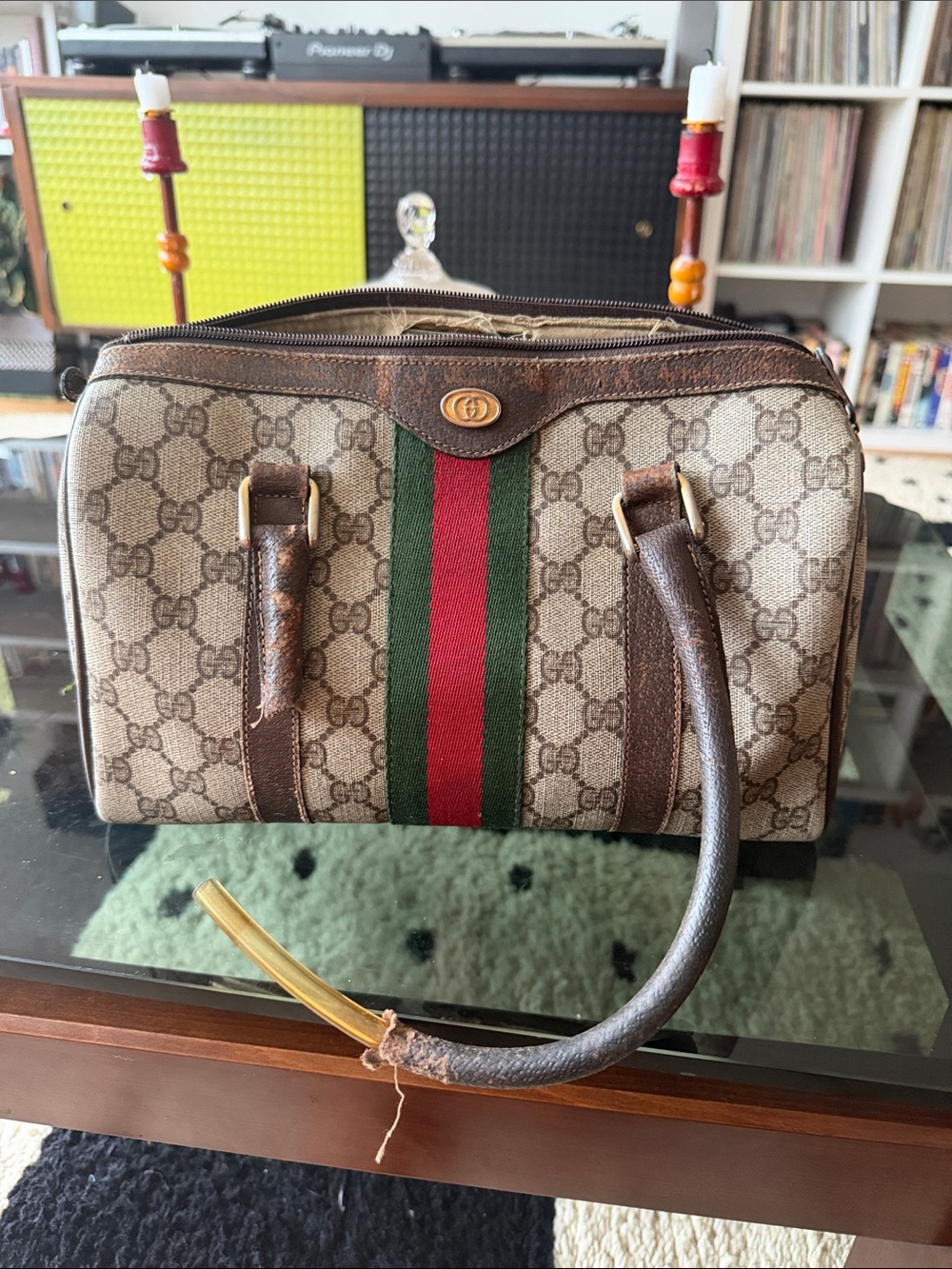 Gucci Brown Monogram Boston Bag with Red & Green Web
